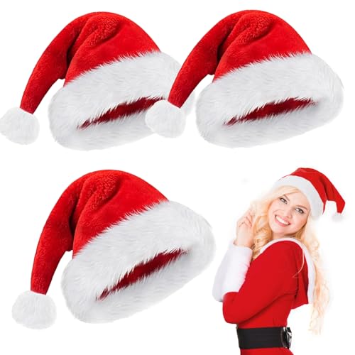 RCYHCY Weihnachtsmütze, 3 Stück Nikolausmütze Erwachsene, plüsche weihnachtsmann mütze für Herren Damen, Warm Dicker Fellrand Santa Mütze, für Weihnachtsfeiern, Partys im neuen Jahr von RCYHCY