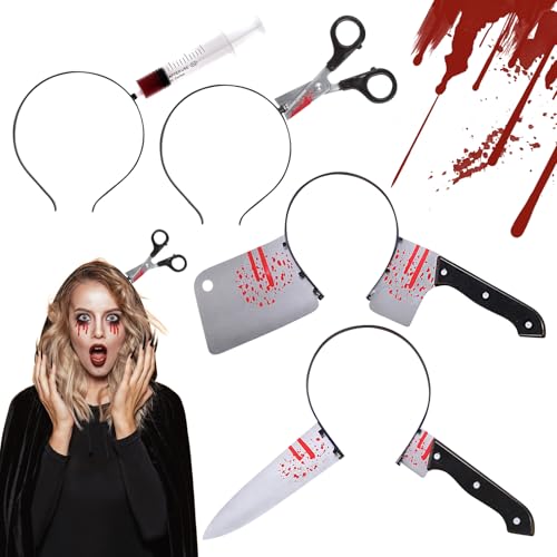 RCYHCY 4 Stück Halloween Haarreif blutige Schere im Kopf, Blutiges Messer Stirnband, Halloween Horror Haarreif, Zombie Vampir Kostüm Zubehör, Blutige Axt Haarschmuck für Halloween Party von RCYHCY