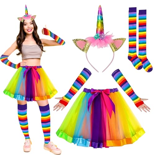 4 Stück Einhorn Kostüm Erwachsene, Regenbogen Kostüm Damen, Regenbogen Tüllrock, Einhorn Horn Stirnband, Regenbogen Kniestrümpfe, Regenbogen Lange Handschuhe, Für Karnevalspartys und Mottoparty von RCYHCY