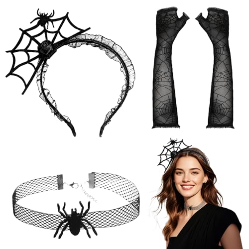 RCYHCY 3 Stück Spinne Kostüm Damen, Spinne Haarreifen, Karneval Spinne Haarreif, Spinnen Netz Haarreifen, Spinnen Halsband, Spinnennetz Handschuhe, Für Karneval und Abschlussball Party usw von RCYHCY