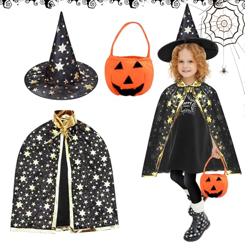 RCYHCY Kinder Halloween Kostüm, Hexe Zauberer Umhang mit Hut für Kinder, Kürbis Candy Bag, Zauberer Kostüm Kinder, Wizard Cape Witch Umhang für Jungen Mädchen Cosplay party (Black) von RCYHCY