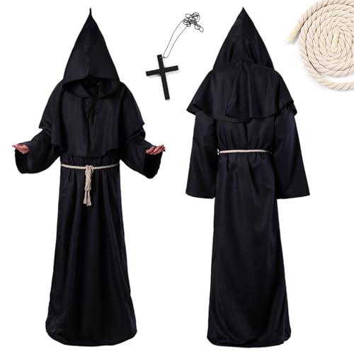 RCYHCY Kostüm Mönch, Priester Robe, Robe Mönch Kostüm Herren mit Kapuze und Kreuz, Mönch Priester Kostüm Gewand, Mittelalter Renaissance Robe für Halloween Karneval Cosplay von RCYHCY