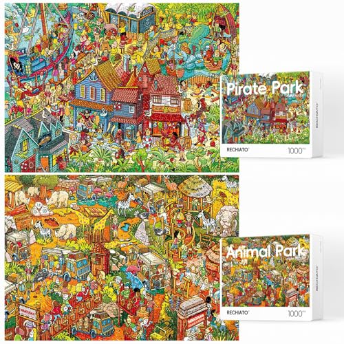 Puzzle für Erwachsene, 2 Pack 1000 Teile Piratenpark Tierparadies Puzzle, Cartoon Malerei Herausfordernde Puzzles für Familienaktivität Spielabende Geschenke Fidget Stressabbau von RECHIATO