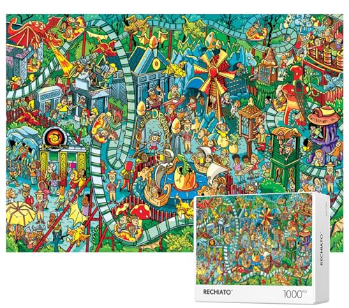 Puzzles für Erwachsene, 1000 Teile Dinosaurier Park Puzzle, Cartoon Malerei Herausfordernde Puzzles für Familienaktivität Spielabende Geschenke Fidget Stressabbau von RECHIATO