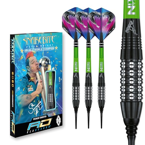 RED DRAGON Peter Wright Snakebite Black Strike 18g Fassgewicht, 20g Gesamtgewicht Softip Tungsten Darts mit Flights und Schäfte von RED DRAGON