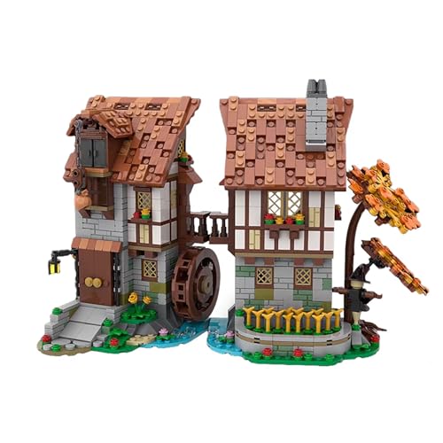 REDBMX Klemmbausteine Haus, MOC-119708 Mittelalterliches Wasserrad Bausteine Bausatz, Gebäude Modellbausatz, Bauspielzeuge für Erwachsene, 1235 Teile, Kompatibel mit LG von REDBMX