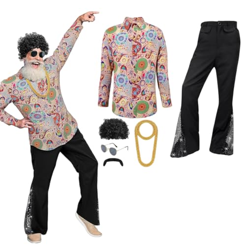 REDKNOT 70er Jahre Outfit Herren Disco Kostüm Männer Retro Hippie Kostüm Zubehör Set Bekeidung für Karneval Mottoparty (6 Stücke/Satz) (Mehrfarbig, 3XL) von REDKNOT