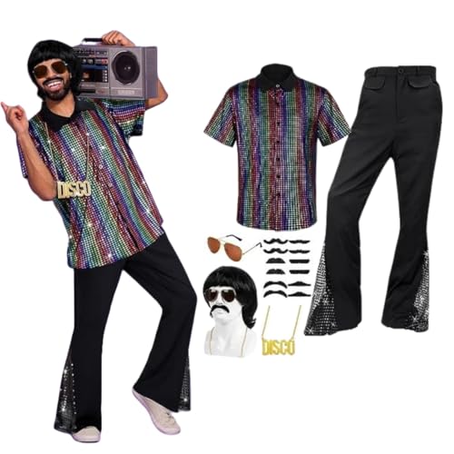 REDKNOT 70er Jahre Outfit Herren Disco Kostüm Männer Retro Hippie Kostüm Zubehör Set Bekeidung für Karneval Mottoparty (6 Stücke/Satz) (Regenbogen, 3XL) von REDKNOT