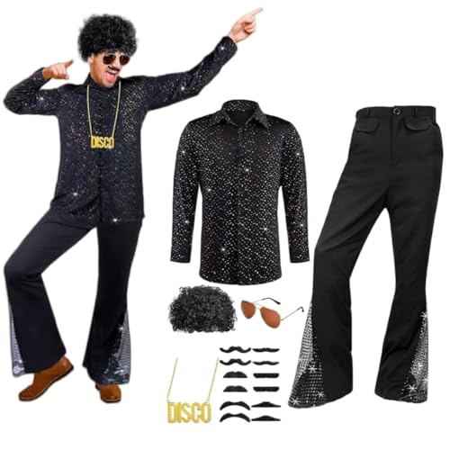 REDKNOT 70er Jahre Outfit Herren Disco Kostüm Männer Retro Hippie Kostüm Zubehör Set Bekeidung für Karneval Mottoparty (6 Stücke/Satz) (Schwarz, 3XL) von REDKNOT