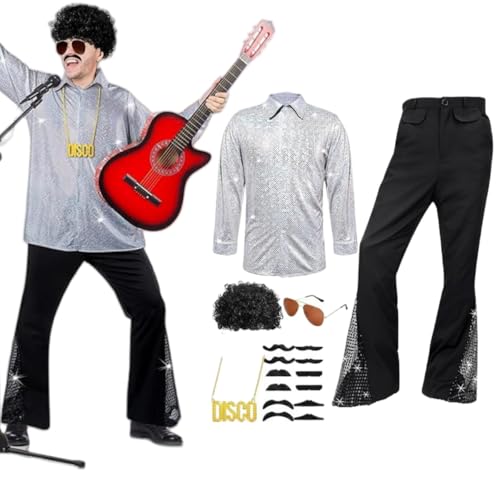 REDKNOT 70er Jahre Outfit Herren Disco Kostüm Männer Retro Hippie Kostüm Zubehör Set Bekeidung für Karneval Mottoparty (6 Stücke/Satz) (Silber, 3XL) von REDKNOT