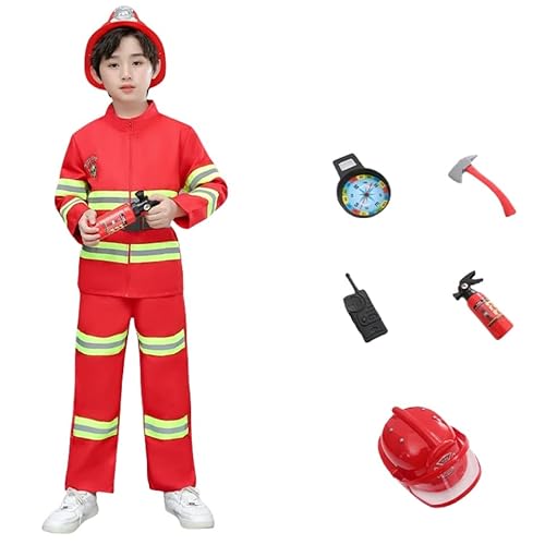 REDKNOT Feuerwehrmann Kostüm für Kinder 8 Stück/Set Feuerwehrchef Cosplay Rollenspiel Spielzeug Zubehör Faschingskostüme for Jungen Karneval Halloween (100 CM) von REDKNOT