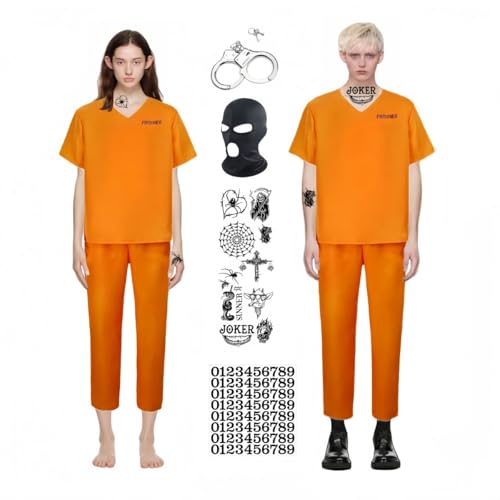 Sträfling Kostüm Herren Damen Häftling Prisoner Costume Orange Halloween Gefangener Kostüm Knast Outfit für Erwachsener, Karneval, Halloween Pretend Game Prop - Unisex Größe,1 Satz (orange, L) von REDKNOT