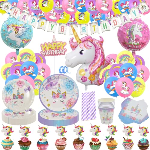 131 Stück Partygeschirr Set mit Party Deko, 16 Gäste Pappteller Serviette Pappbecher Kindergeburtstag Deko Banner Balloon Folienballon Tortendekoration Cupcake Deko (Einhorn) von REDO