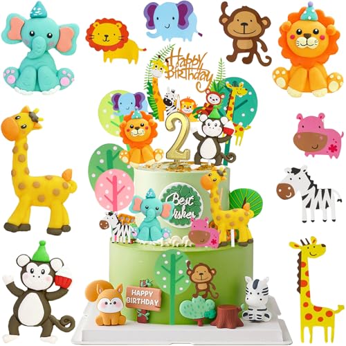 29 Stück 3D 2. Tier Geburtstag Tortendeko Safari Dschungel Tortendeko Waldtiere Geburtstag Party Happy Birthday Kuchen Deko Set Cupcake Cake Toppers Supplies Für Jungen Mädchen Kinder 2 Jahr (Zahl 2) von REDO