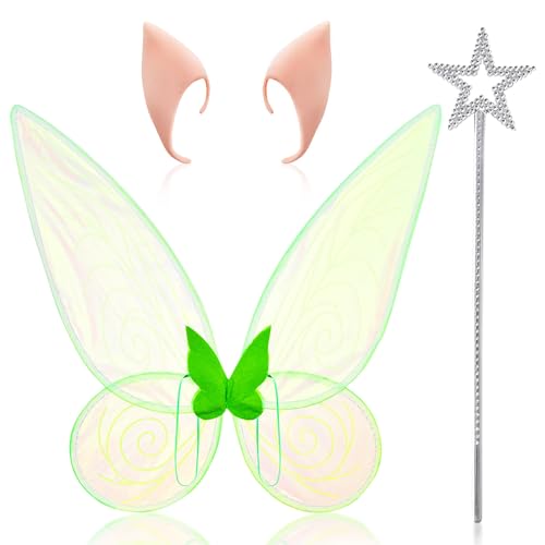 3pc Fairy Costume with Angel Wings Elf Ears and Fairy Wand - Angel Costume with Fairy Wings for Butterfly Fancy Dress or Adult Fairy Costume - Elf Costume Kids Fairy Wings and Wand for Fairy (Green) von REDSTAR FANCY DRESS