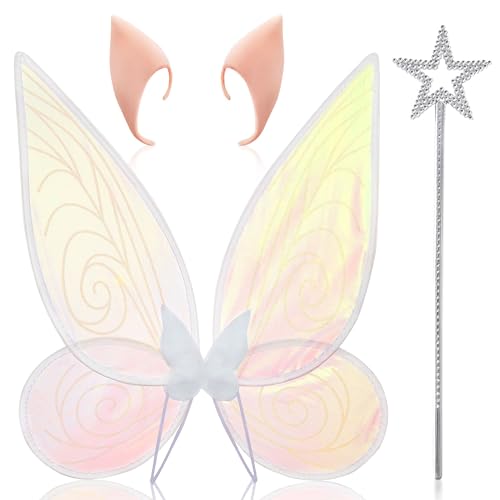 3pc Fairy Costume with Angel Wings Elf Ears and Fairy Wand - Angel Costume with Fairy Wings for Butterfly Fancy Dress or Adult Fairy Costume - Elf Costume Kids Fairy Wings and Wand for Fairy (White) von REDSTAR FANCY DRESS