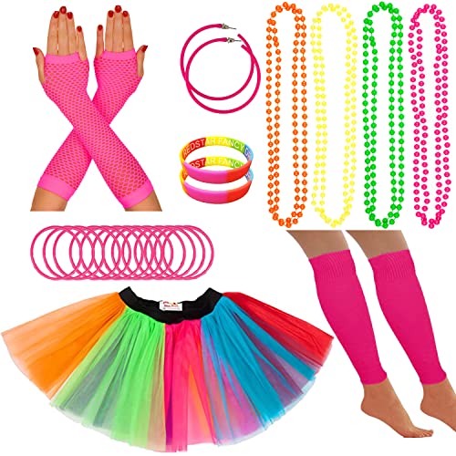 80er Jahre Kostüm Neon Zubehör Tutu Party Kostüm Erwachsene Beinwärmer Fischnetz Handschuhe 1980er Stil Halskette Perlen Neon Hoop Ohrringe Gummy Armbänder Damen Junggesellinnenabschied von REDSTAR FANCY DRESS