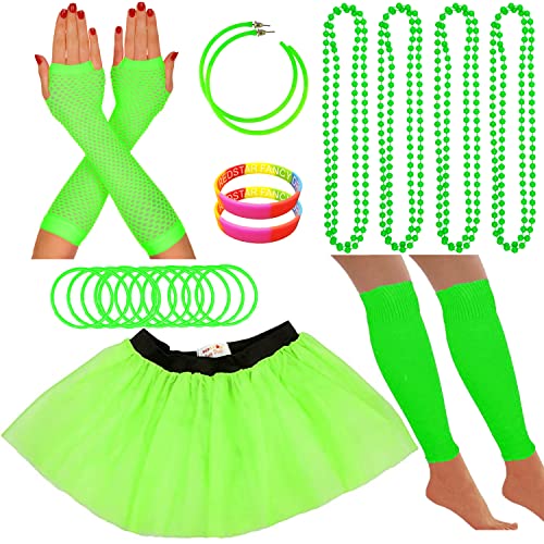 80er Jahre Kostüm Neon Zubehör Tutu Party Kostüm Erwachsene Beinwärmer Fischnetz Handschuhe 1980er Stil Halskette Perlen Neon Hoop Ohrringe Gummy Armbänder Damen Junggesellinnenabschied von REDSTAR FANCY DRESS