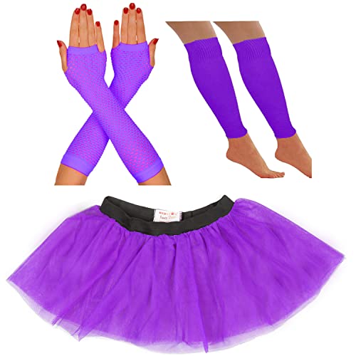 80er Jahre Kostüm für Damen Neon Tutu Rock 80er Jahre Kostüm Neon Party Zubehör 1980er Jahre Kostüm für Damen Neon Tutu Neon Beinwärmer Neon Fischnetz Handschuhe Outfit (14-22 UK, Violett) von REDSTAR FANCY DRESS