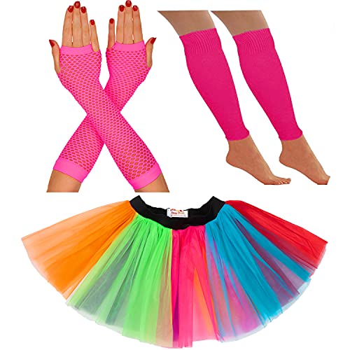 80er Jahre Kostüm für Damen Neon Tutu Rock 80er Jahre Kostüm Neon Party Zubehör 1980er Jahre Kostüm für Damen Neon Tutu Neon Beinwärmer Neon Fischnetz Handschuhe Rave Outfit (14-22 UK, Regenbogen) von REDSTAR FANCY DRESS