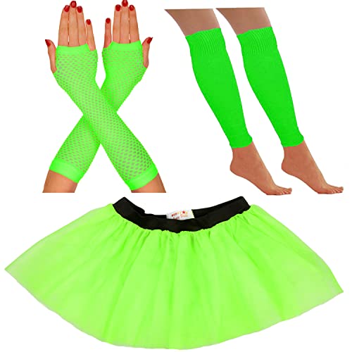 80er Jahre Kostüm für Damen Neon Tutu Rock 80er Jahre Kostüm Neon Party Zubehör 1980er Jahre Verkleidung Kostüme für Damen Neon Tutu Neon Beinwärmer Neon Fischnetz Handschuhe Outfit (14-22 UK, Grün) von REDSTAR FANCY DRESS