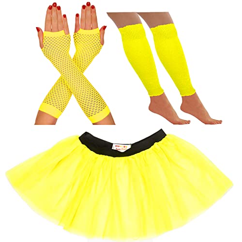 80er Jahre Kostüm für Frauen Neon Tutu Rock 80er Jahre Kostüm Neon Party Zubehör 1980er Jahre Kostüme für Frauen Neon Tutu Neon Beinstulpen Neon Fischnetz Handschuhe Outfit (8-12 UK, Gelb) von REDSTAR FANCY DRESS