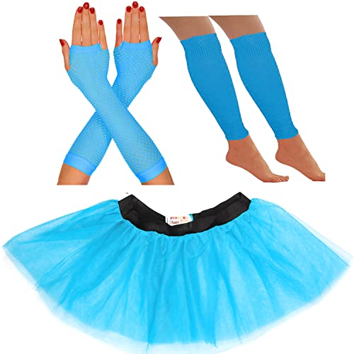 80er Jahre Kostüm für Frauen Neon Tutu Rock 80er Jahre Kostüm Neon Party Zubehör 1980er Jahre Kostüme für Frauen Neon Tutu Neon Beinstulpen Neon Fischnetz Handschuhe Rave Outfit (8-12 UK, Türkis) von REDSTAR FANCY DRESS