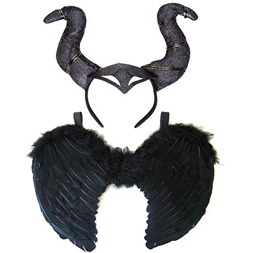 Dunkle Fee Kostüm - 2 Stück Set - Schwarze Engelsflügel und Gothic Hörner - Gothic Zubehör für Damen Halloween Kostüm - Großartig für Erwachsene Fasching/Cosplay/Karneval von REDSTAR FANCY DRESS