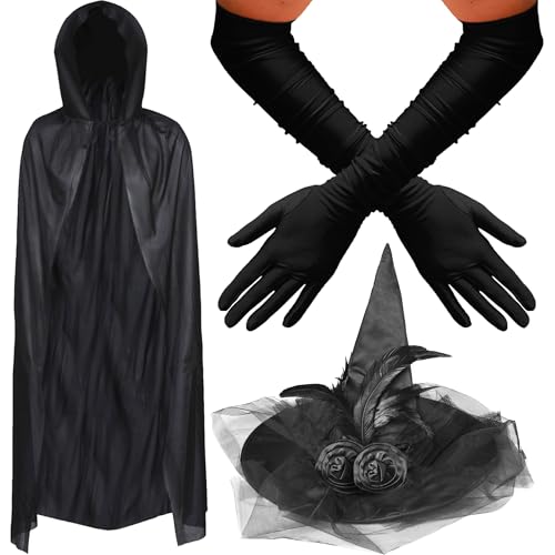 Hexenkostüm Damen 3 Teile - Schwarzer Umhang, Feenstab & Handschuhe lang – Faschingskostüme Damen – Gothic Accessoires, Halloween Party, Cosplay Kostüm Zubehör von REDSTAR FANCY DRESS