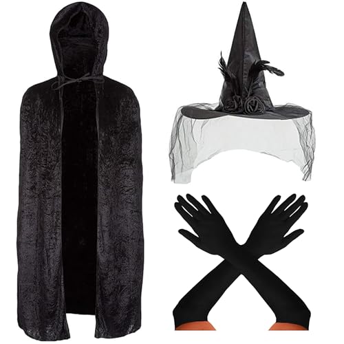 Hexenkostüm Damen 3 Teile - Schwarzer Umhang, Feenstab & Handschuhe lang – Faschingskostüme Damen – Gothic Accessoires, Halloween Party, Cosplay Kostüm Zubehör von REDSTAR FANCY DRESS