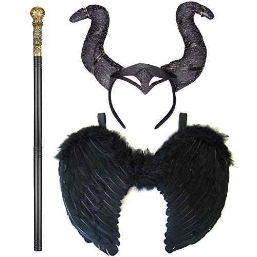 Hexenkostüm Damen 3er Set - Teufelshörner Haarreif, Feenstab und Feenflügel Erwachsene – Engelsflügel Schwarz für Engel Kostüm Damen – Halloween Party, Cosplay Kostüm Gothic Accessoires von REDSTAR FANCY DRESS