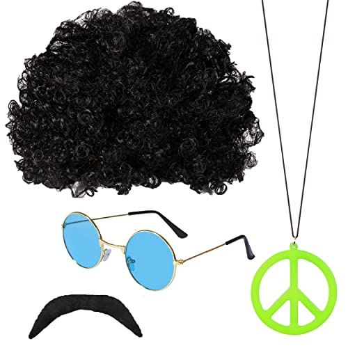 Hippie Accessoires 70er Jahre Verkleidung Hippie Kostüm, Friedenszeichen Halskette 60er Jahre Zubehör Set, flippige Afro, runde Lennon Brille, Schnurrbart und Frieden Halskette von REDSTAR FANCY DRESS