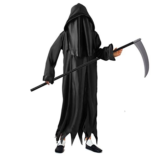 Kids Grim Reaper Costume 2 Piece Set- Long Black Hooded Cape and Plastic Scythe Weapon - World Book Day, Fancy Dress, Halloween Costume for Kids (Large) von REDSTAR FANCY DRESS