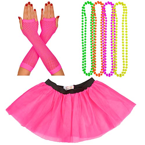 Neon-Tutu, Fischnetz-Handschuhe und 4 Packungen Perlen Set | Neon, lebhafte Kostüm-Accessoires | 1980er-Jahre Thema | Junggesellinnenabschiede, lustige Läufe & Wohltätigkeitsveranstaltungen | Kostüm von REDSTAR FANCY DRESS