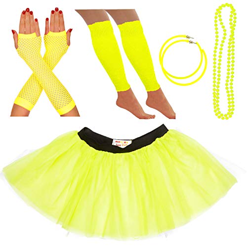 Neon-Tutu, Fischnetzhandschuhe, Beinstulpen, Perlen und Ohrringe, Damen-Kostüm-Set, 80er-Jahre-Kostüm, auch ideal für Junggesellinnenabschiede, lustige Läufe oder Wohltätigkeitsveranstaltungen (36-40, von REDSTAR FANCY DRESS