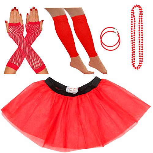 Neon-Tutu, Netzhandschuhe, Beinstulpen, Perlen und Ohrringe, Damen-Kostüm-Set, 80er-Jahre-Kostüm, auch ideal für Junggesellinnenabschiede, lustige Läufe oder Wohltätigkeitsveranstaltungen (36-40, Rot) von REDSTAR FANCY DRESS