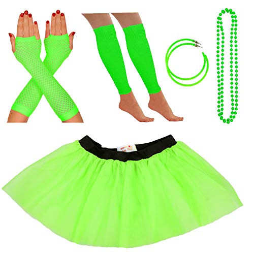 Neon-Tutu, Netzhandschuhe, Beinstulpen, Perlen und Ohrringe | Damen-Kostüm-Set | 80er-Jahre-Mottoparty | auch ideal für Junggesellinnenabschiede, lustige Läufe oder Wohltätigkeitsveranstaltungen von REDSTAR FANCY DRESS