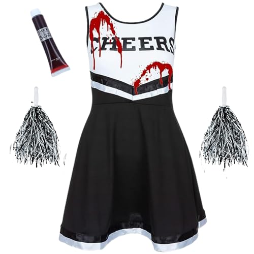 REDSTAR Cheerleader Kostüm Damen mit Pompons & Kunstblut – Gruseliger High School Zombie – Halloween Party oder Karneval von REDSTAR FANCY DRESS