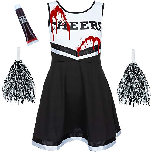 REDSTAR Cheerleader Kostüm Damen mit Pompons & Kunstblut – Gruseliger High School Zombie – Halloween Party oder Karneval von REDSTAR FANCY DRESS