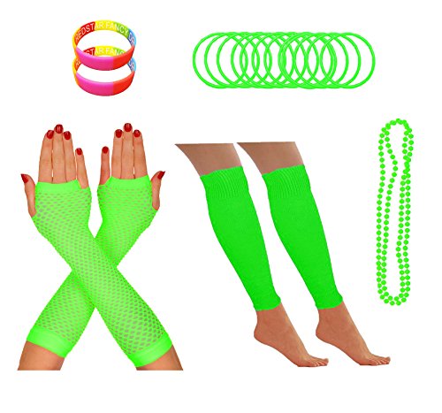 REDSTAR FANCY DRESS® - Partyoutfit für 80er-Neonparty - Beinstulpen Netzhandschuhe Perlenkette Neonfarbene Gummiarmbänder - Grün von REDSTAR FANCY DRESS