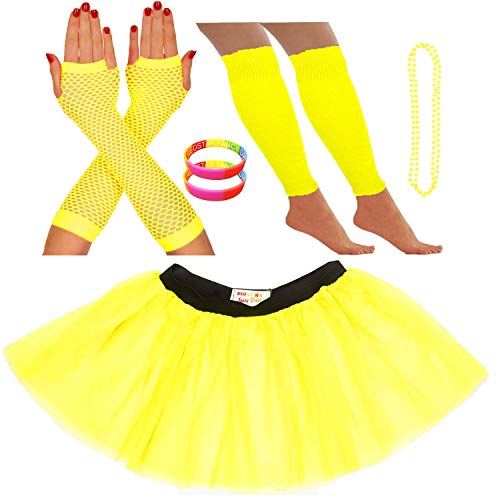 REDSTAR FANCY DRESS® - Tutu-Röckchen, Beinstulpen, Netzhandschuhe, Perlenkette und breite Gummiarmbänder - Neonfarben - Gelb - 42-50 von REDSTAR FANCY DRESS