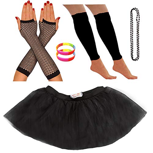 REDSTAR FANCY DRESS® - Tutu-Röckchen, Beinstulpen, Netzhandschuhe, Perlenkette und breite Gummiarmbänder - Neonfarben - Schwarz - 42-50 von REDSTAR FANCY DRESS