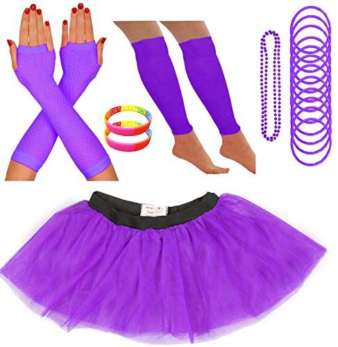 REDSTAR FANCY DRESS - Tutu-Röckchen, Beinstulpen, Netzhandschuhe, Perlenkette, schmale Gummiarmbänder und breite Armbänder - Neonfarben - Lila - 36-40 von REDSTAR FANCY DRESS