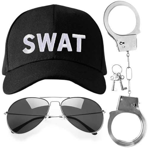 SWAT Kostüm für Erwachsene, 3-teiliges Swat-Halloween-Kostüm-Zubehör, Herren-Halloween-Kostüm, Polizeizubehör, Swat-Kostüm-Zubehör inklusive Swat-Hut, Polizeihandschellen und Sonnenbrille von REDSTAR FANCY DRESS