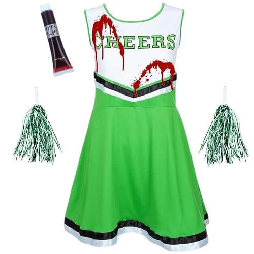 REDSTAR Cheerleader Kostüm Damen mit Pompons & Kunstblut – Gruseliger High School Zombie – Halloween Party oder Karneval von REDSTAR FANCY DRESS