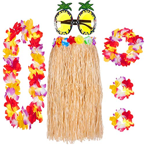 REDSTAR 6er Hawaii Hula Set – Hawaii Kostüm Damen mit Bastrock, Hawaii Kette Blumen und Ananas Brille – Wähle aus Natur- oder Buntem Rock – Hawaii Outfit Damen von REDSTAR