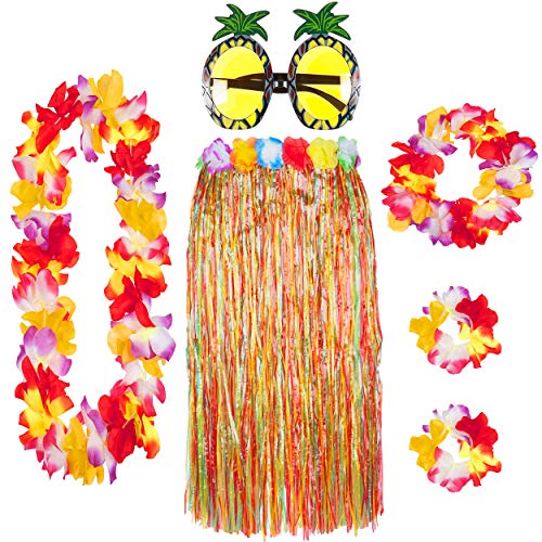 REDSTAR 6er Hawaii Hula Set – Hawaii Kostüm Damen mit Bastrock, Hawaii Kette Blumen und Ananas Brille – Wähle aus Natur- oder Buntem Rock – Hawaii Outfit Damen von REDSTAR