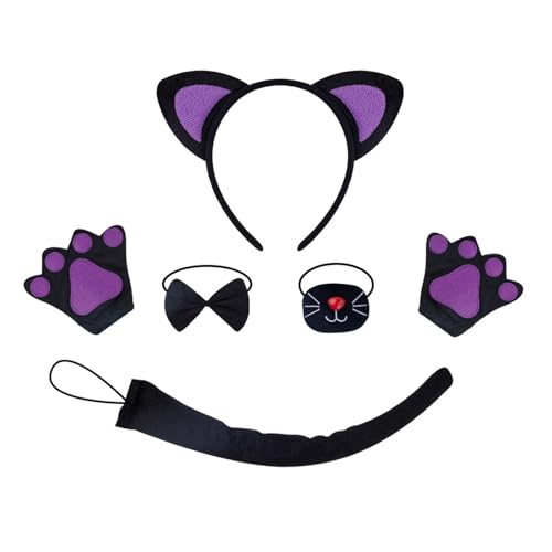 REITINGE Niedliches Katzen-Haarreif-Set, Tier-Kostüm-Set, Katzen-Haarband, Plüschschwanz, Fliege, Netzrock, Handschuhe für Halloween-Party von REITINGE