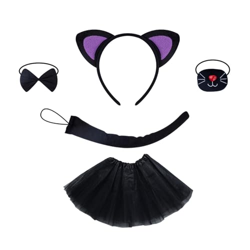 REITINGE Niedliches Katzen-Haarreif-Set, Tier-Kostüm-Set, Katzen-Haarband, Plüschschwanz, Fliege, Netzrock, Handschuhe für Halloween-Party von REITINGE