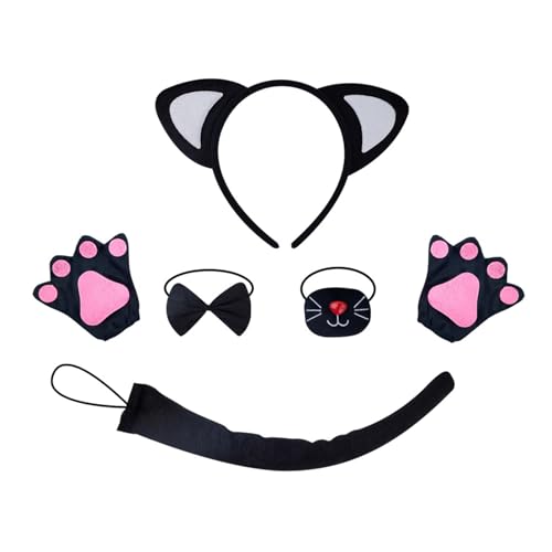 REITINGE Niedliches Katzen-Haarreif-Set, Tier-Kostüm-Set, Katzen-Haarband, Plüschschwanz, Fliege, Netzrock, Handschuhe für Halloween-Party von REITINGE